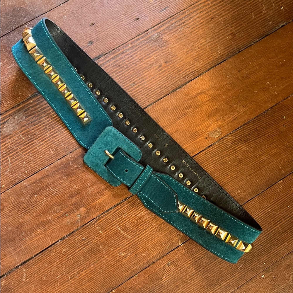 Yves Saint Laurent Teal Suede Belt with Gold Accents